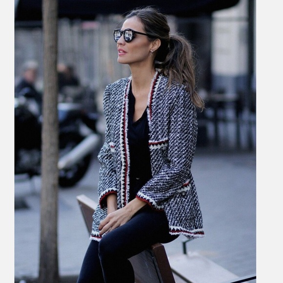 Zara Bloggers Favorite Black & White/Red Tweed Textured Lady 3 Button Blazer, S - Picture 8 of 14